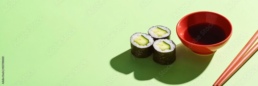 Poster Delicious Japanese sushi rolls filled with cucumber are presented with soy sauce and chopsticks against a colorful green backdrop. Generative AI