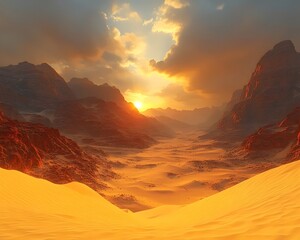 Naklejka premium A breathtaking sunset over a vast desert landscape, showcasing golden sands and majestic red rock formations under a dramatic sky.