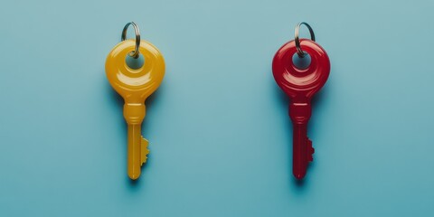 Colorful keys on a blue background, representing access and security.