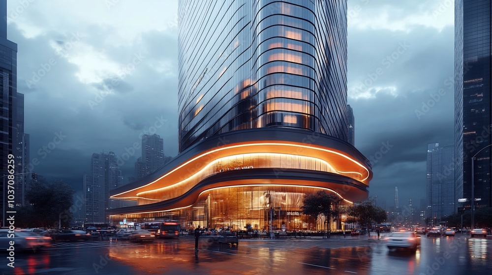Poster a modern skyscraper with a curved facade and warm lighting stands tall against a cloudy sky.