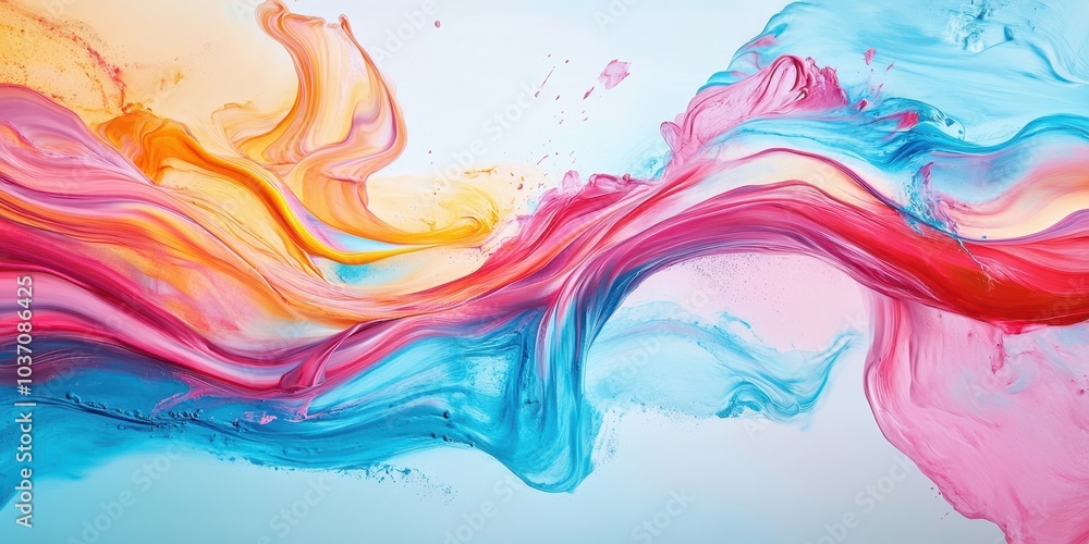 Poster colorful swirls of paint creating an abstract wave on a light backdrop.