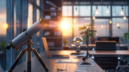 Visionary Ideas in Modern Office: Telescope and Glowing Lightbulb Symbolizing Innovation