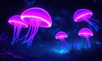 Fototapeta premium A mesmerizing scene of glowing jellyfish illuminated in a mystical underwater world with vibrant colors.