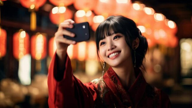 An Asian girl wearing a Chinese Tang suit taking a selfie
