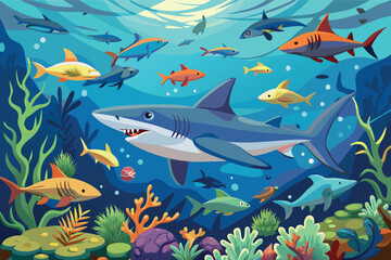 Obraz premium Cartoon sharks swimming peacefully in ocean depths illustration
