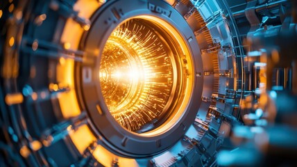 Fuel reprocessing for nuclear power, reactor chamber glowing with radioactive light, close-up, fuel processing, nuclear fuel cycle