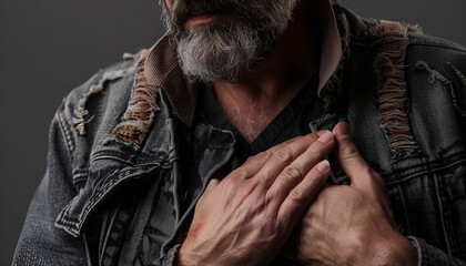 Fototapeta premium Heart attack. Man suffering from severe pain and pressing hands to chest on grey background, closeup. Banner design