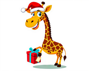Obraz premium Giraffe Santa is coming with a gift.