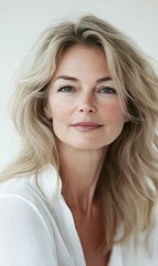 Naklejka premium Blond woman in white shirt looking at camera.