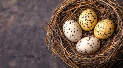Obraz premium A serene nest containing beautifully speckled eggs in earthy tones, symbolizing nature and new beginnings.