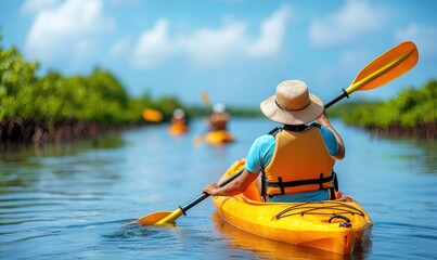 A serene kayaking adventure through lush mangroves under a bright blue sky, perfect for nature lovers and outdoor enthusiasts.