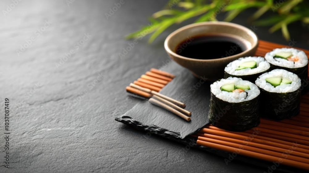 Poster taste the freshness of a sushi roll filled with cucumber, accompanied by soy sauce and chopsticks on