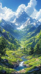 breathtaking summer mountain landscape showcasing towering peaks and lush green valleys illuminated by warm sunlight inviting exploration and adventure in natures grandeur