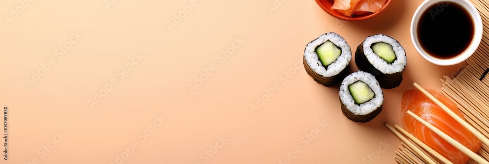 Poster Delicious sushi rolls with fresh cucumber are arranged next to a bowl of soy sauce and chopsticks on a colorful background with shadows. Generative AI