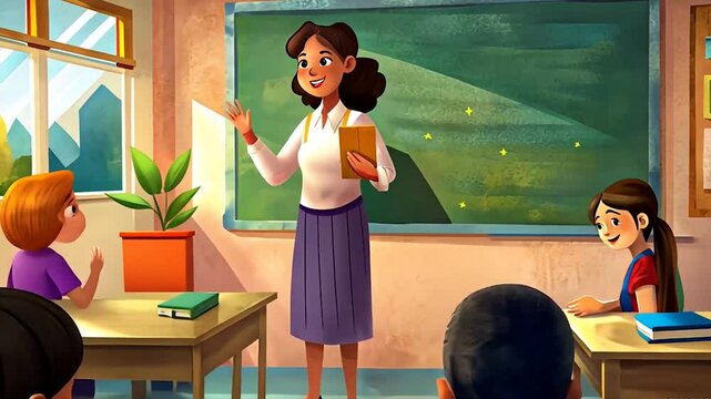 Engaging Classroom Scene with Teacher and Students 2D Vector Cartoon Full HD 4K Video Footage Download