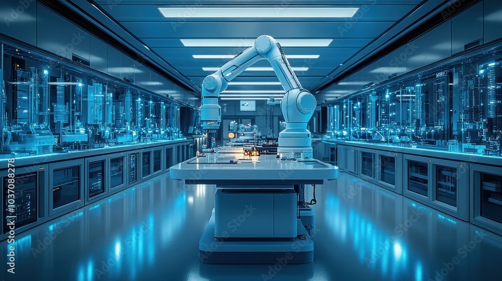 Poster a futuristic laboratory featuring a robotic arm for precision tasks.