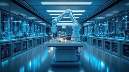A futuristic laboratory featuring a robotic arm for precision tasks.