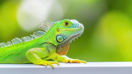 Fototapeta premium A vibrant green iguana perched gracefully against a soft blurred background, showcasing its striking colors and unique features.