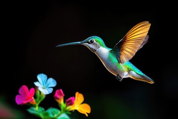 A vibrant hummingbird hovers near colorful flowers, showcasing nature's beauty and delicate ecosystems in stunning detail.