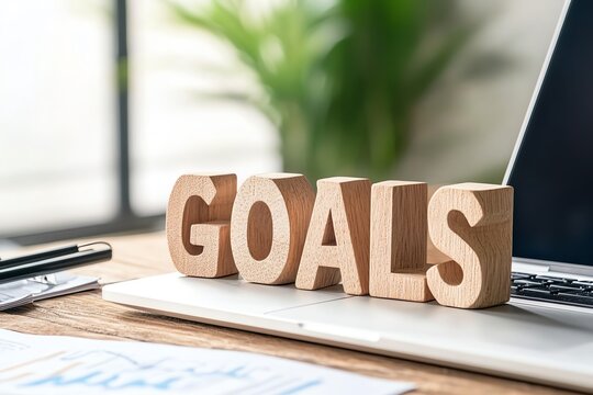 Inspiring wooden letters spelling 'GOALS' on a workspace, symbolizing success and motivation in personal and professional life.