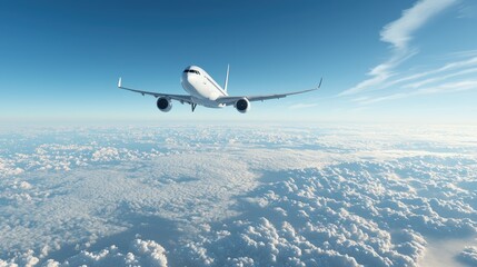 A commercial airplane soaring above fluffy clouds under a bright blue sky, representing freedom of travel and exploration.