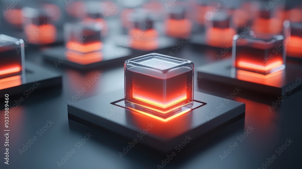 Poster a futuristic array of glowing cubes with red highlights on a dark surface, suggesting technology or 