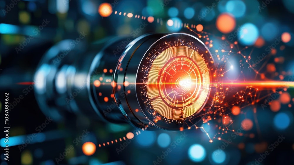Poster a futuristic lens emits colorful light, surrounded by abstract patterns, symbolizing advanced techno