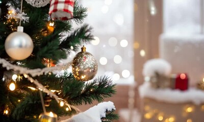 Original name(s): Christmas winter blurred a background. Xmas tree with snow decorated with garland lights, holiday festive background. Widescreen backdrop. New year Winter art design, wide-screen ho - Powered by Adobe