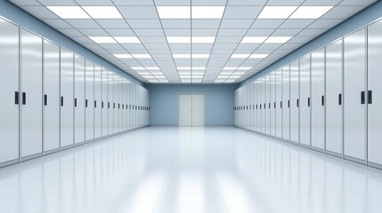 Fototapeta premium A clean, spacious corridor with white cabinets on either side and a single door at the end, illuminated by bright ceiling lights.