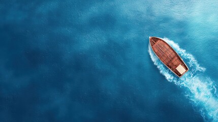 Obraz premium A solitary boat glides across vibrant blue waters, leaving ripples in its wake, showcasing the beauty of maritime tranquility.