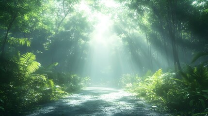 A serene pathway through a lush green forest, illuminated by soft rays of sunlight filtering through the trees, creating a tranquil and inviting atmosphere.