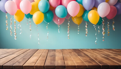 wood table bokeh   birthday party scene floating balloons  blur    background 