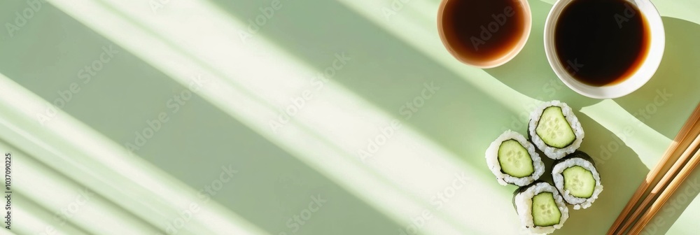 Poster A sushi roll filled with cucumber is arranged with soy sauce and chopsticks, surrounded by calming shadows on a light backdrop. Generative AI