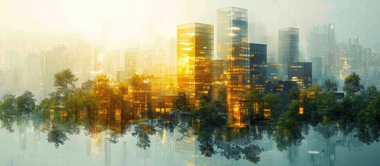A futuristic cityscape with reflective water and lush greenery, blending nature and urban life.
