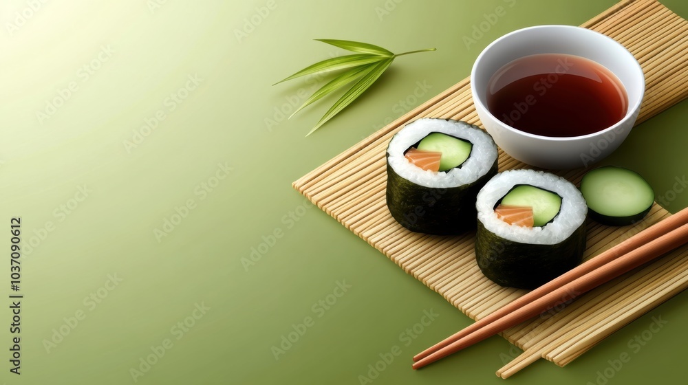 Aufkleber delicious sushi rolls with cucumber and a soy sauce bowl are elegantly presented on a bamboo mat wit