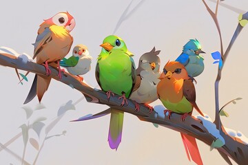 A group of beautifully illustrated birds with various colors sits closely together on a branch surrounded by gentle snowy surroundings in a serene atmosphere