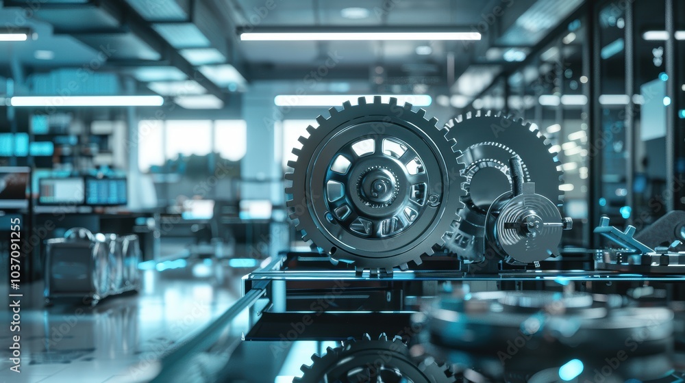 Poster futuristic office with digital gears: efficiency in a tech-driven business world
