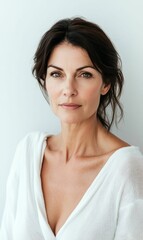 Woman in white shirt looking at camera.