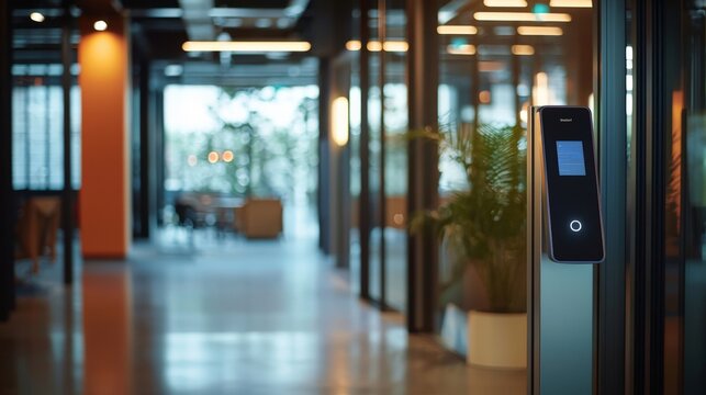 A biometric scanner at an office entrance, illustrating the use of technology to monitor worker attendance