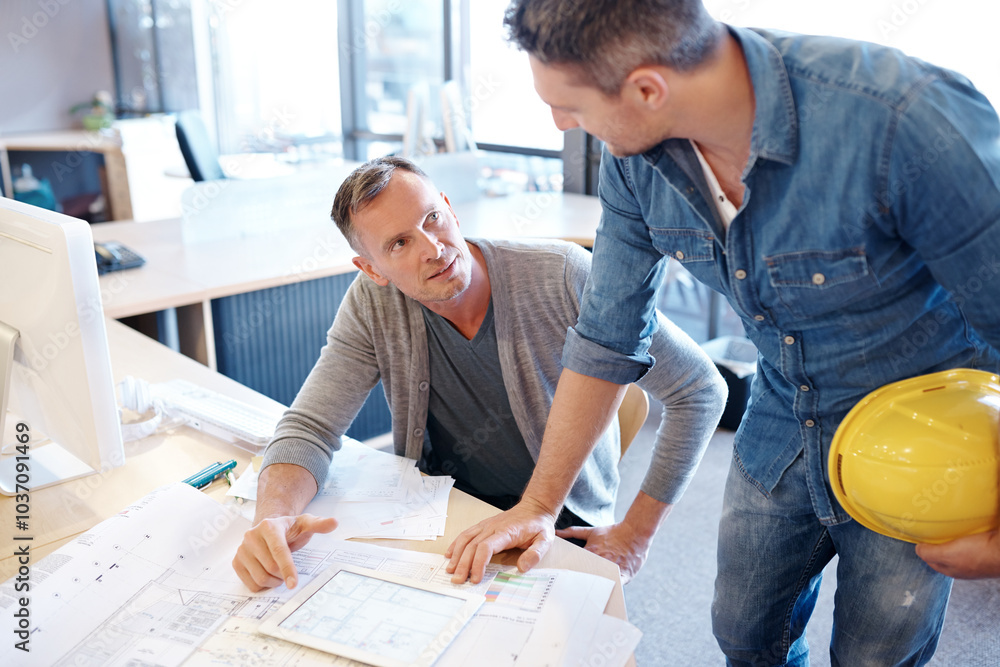 Poster discussion, men and construction engineers with blueprint in office for city infrastructure for buil