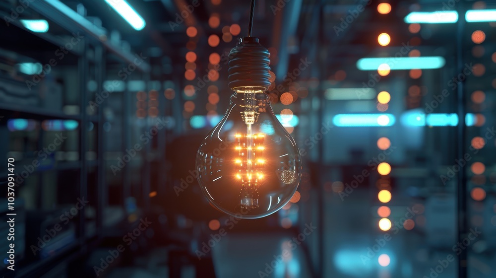 Poster innovative concepts in high-tech business: digital data and glowing light bulb visualization