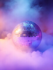 Obraz premium Disco ball in neon light. Banner with copyspace.