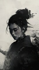Pensive Woman in Black and White Abstract Portrait
