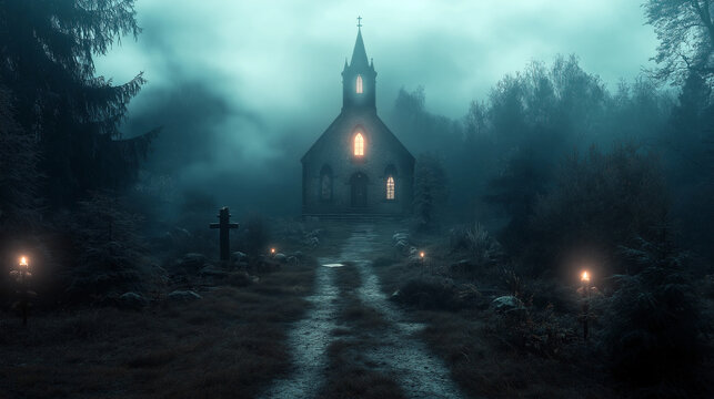 A church with a cross in front of it is lit up at night