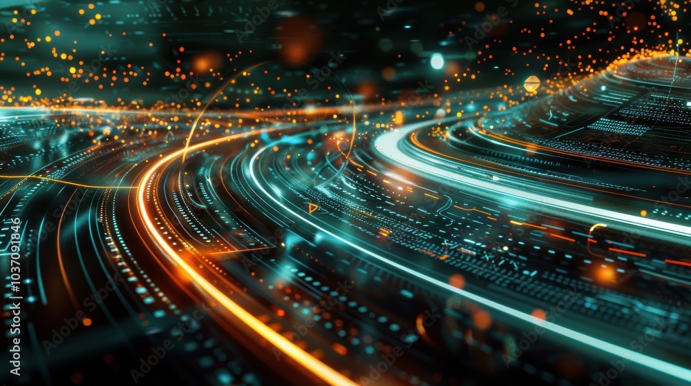 Poster futuristic digital race track symbolizing modern business competition with glowing paths and data pr