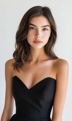 Fototapeta premium A woman with long brown hair in a black dress.