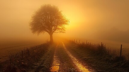 Lonely Tree on a Foggy Path at Sunrise