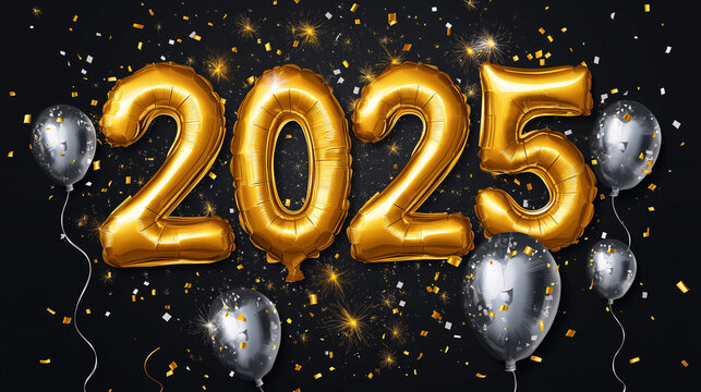 Happy New Year 2025 celebration with gold balloons and confetti on festive dark black background, perfect for holiday party invitations, social media posts, or event announcements