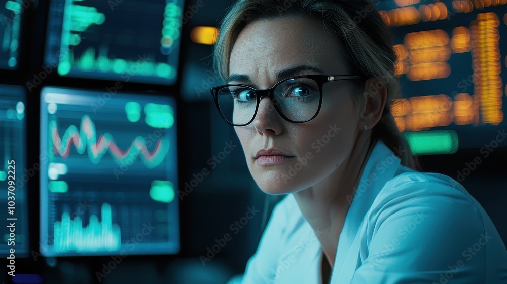Poster a focused professional analyzes data on multiple monitors, displaying charts and graphs in a high-te