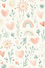 Hand-Drawn Watercolor Pastel Seamless Pattern with Hearts, Rainbows, and Suns, Ideal for Baby Nursery Decor, Soft and Dreamy Aesthetic